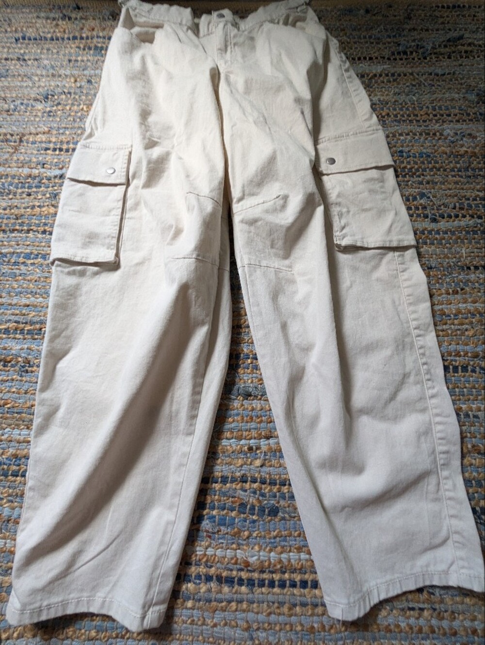 Cream Denim Cargo Barrel Leg Pants L High Rise Utility Casual Streetwear Edgy - Picture 4 of 9